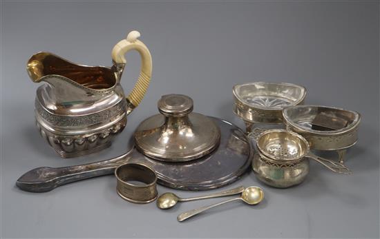 A 19th century Russian ivory handled silver cream jug, a pair of Georgian silver salts, inkwell, mirror etc.